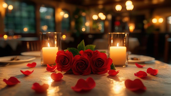 Valentins Candle Light Dinner - Romantischer Genuss im Hotel Post Hönig Romantisch gedeckter Tisch mit drei roten Rosen in der Mitte, flankiert von zwei brennenden Kerzen in Glashaltern. Rosenblätter sind auf dem Tisch verstreut. Im Hintergrund sieht man verschwommene warme Lichter eines Restaurants.